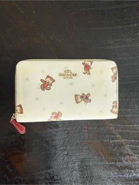 Coach Cream Teddy Bear Zip Wallet with Red Pull